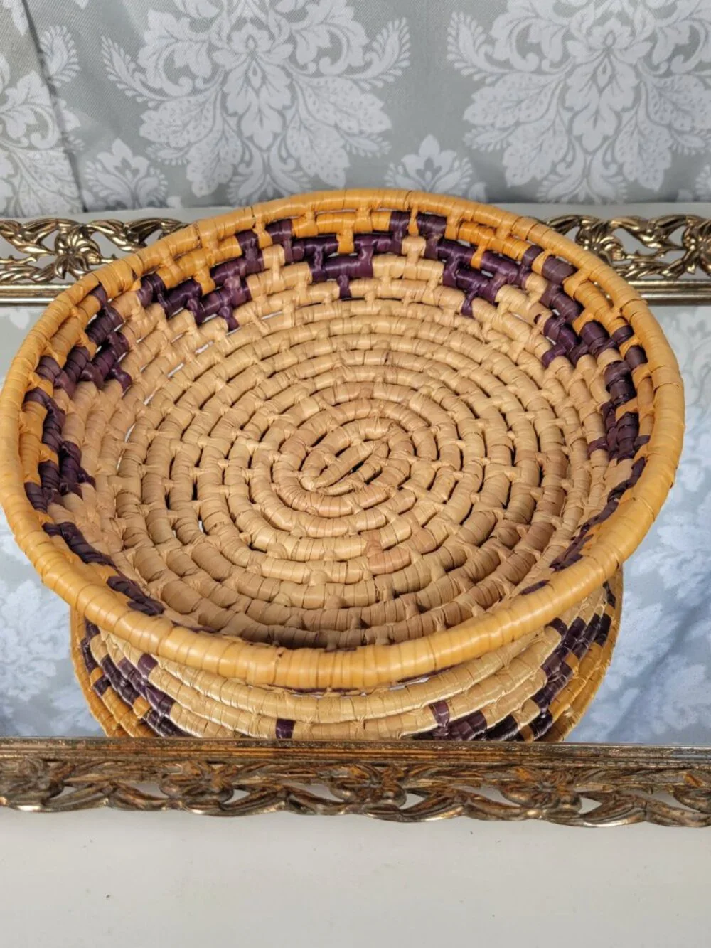 Vintage Open Coil Braided Woven Basket Southwestern Boho Steps Pattern Indigo Ye